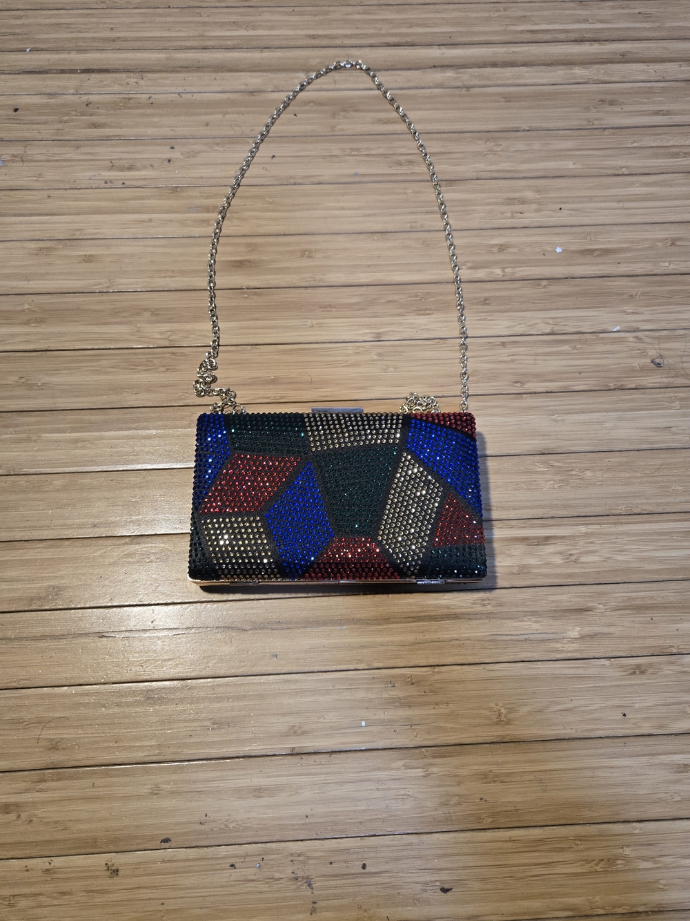 Multicolor Rhinestone Geometric Clutch with Gold Chain - Picture 4 of 8